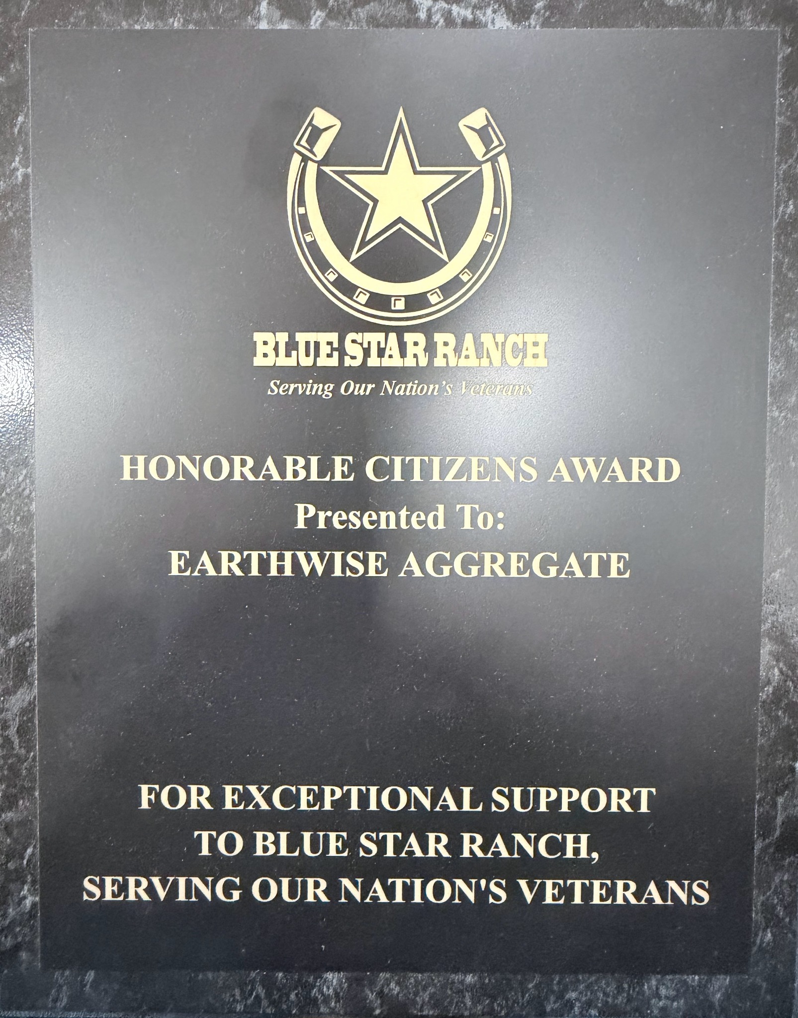 Close-up of Earthwise Aggregates Blue Star Ranch Honorable Citizens Award
